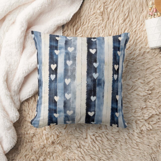 Blue White Denim Heart Stripes   Cushion (Blanket)