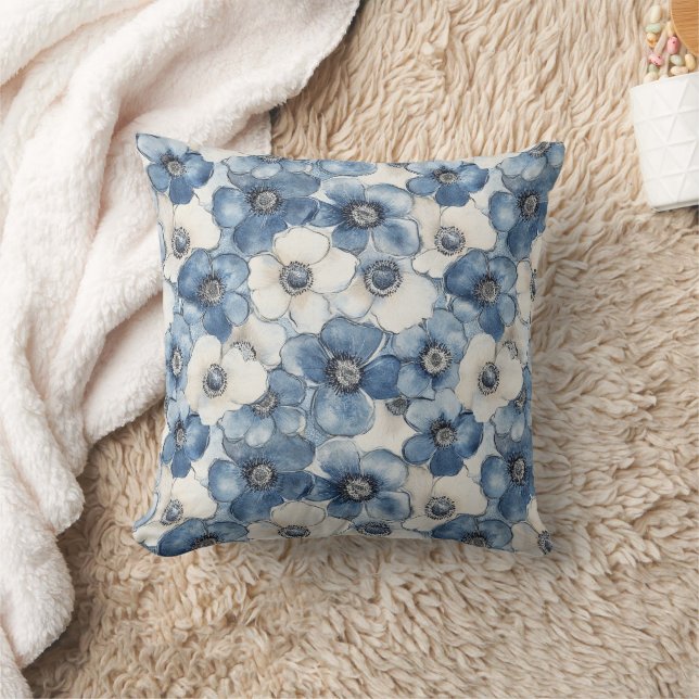 Blue White Denim Heart Stripes Floral  Cushion (Blanket)