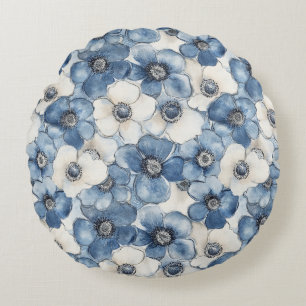 Blue White Denim Heart Stripes Floral  Round Cushion