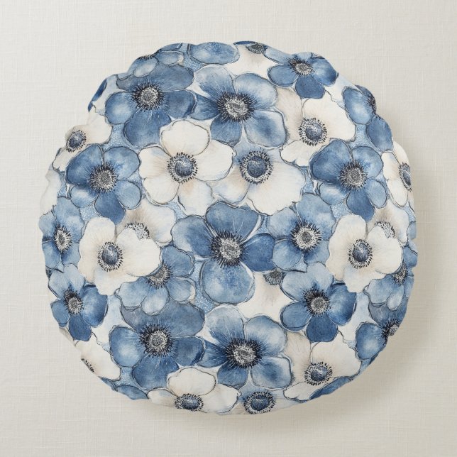 Blue White Denim Heart Stripes Floral  Round Cushion (Front)