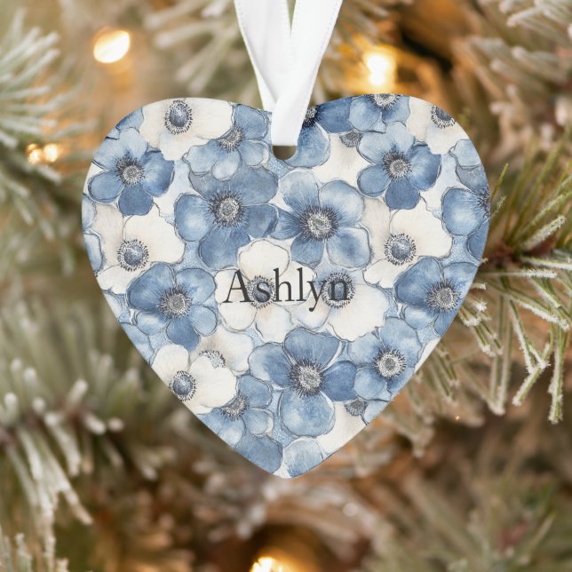 Blue White Denim Heart Stripes Flowers Christmas Ornament (Tree)
