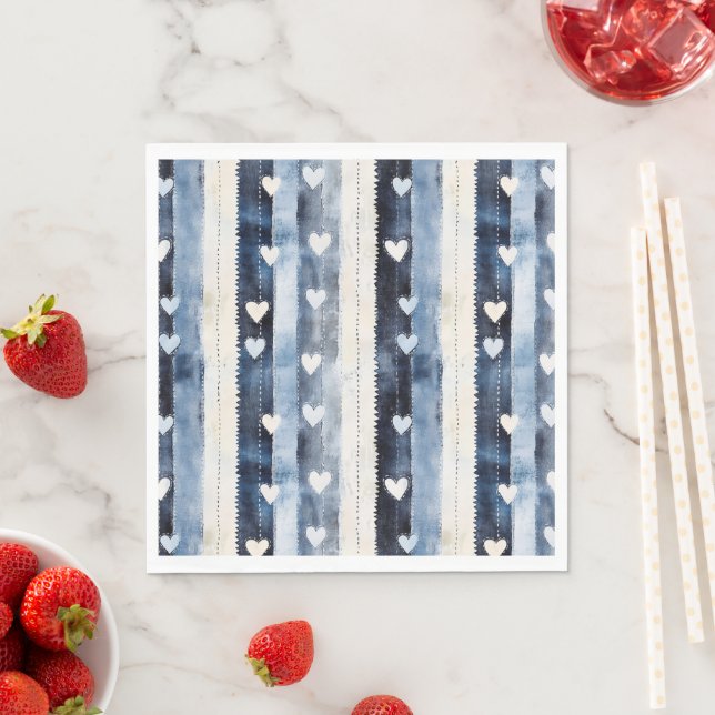 Blue White Denim Heart Stripes   Napkin (Insitu)
