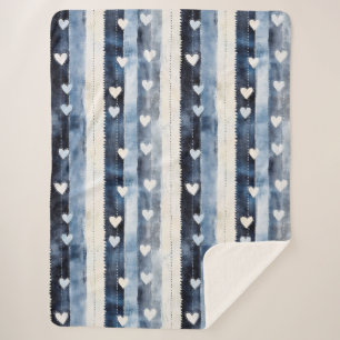 Blue White Denim Heart Stripes   Sherpa Blanket