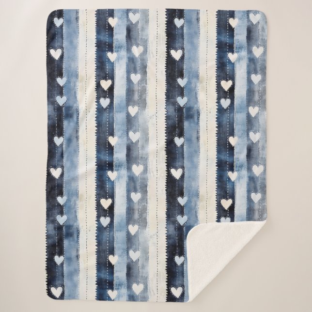 Blue White Denim Heart Stripes   Sherpa Blanket (Front)