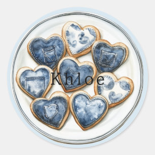 Blue White Denim Hearts Classic Round Sticker