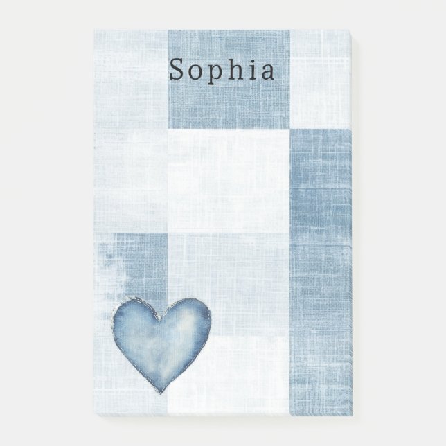 Blue White Denim Jean Heart Personalised Name Post-it Notes (Front)