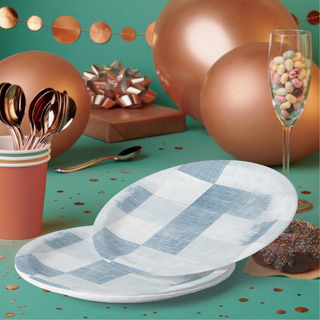 Blue White Denim Jean Stripes Birthday Paper Plate (Multi)