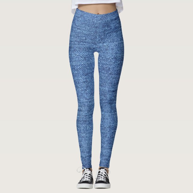Blue White Denim Texture Look Image Leggings (Front)