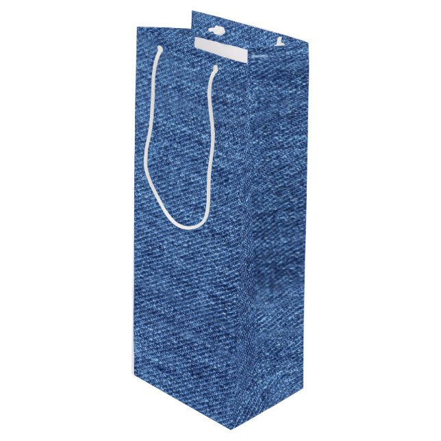 Blue White Denim Texture Look Image Wine Gift Bag (Front Angled)