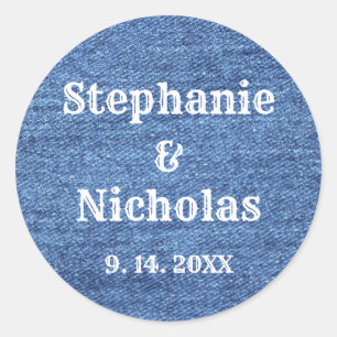 Blue White Denim Theme Wedding Classic Round Sticker