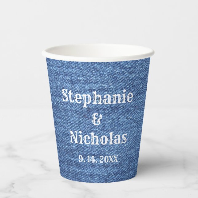 Blue White Denim Theme Wedding Paper Cups (Front)