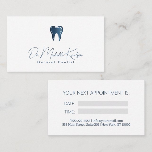Blue White Dentist Professional Dental Appointment Business Card (Front/Back)