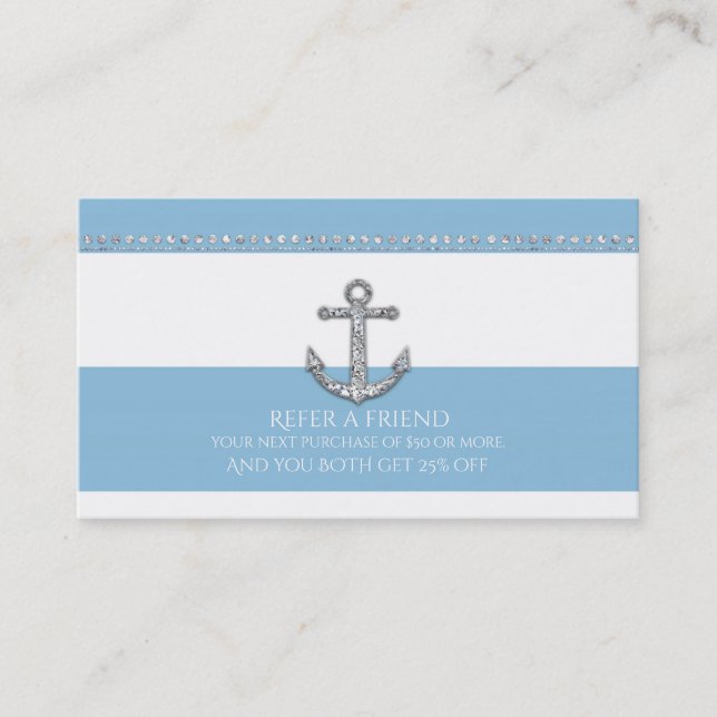 Blue & White Diamond Anchor Modern Refer a Friend Referral Card (Front)