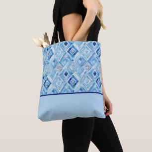 Blue, White Diamond-shaped Patchwork Colour Block Tote Bag