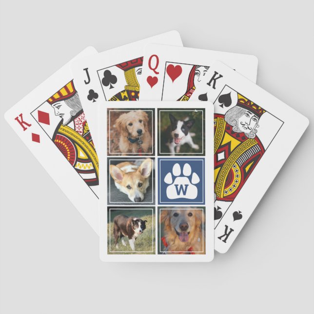 Blue White Dog Paw Pet Photo Collage Playing Cards (Back)