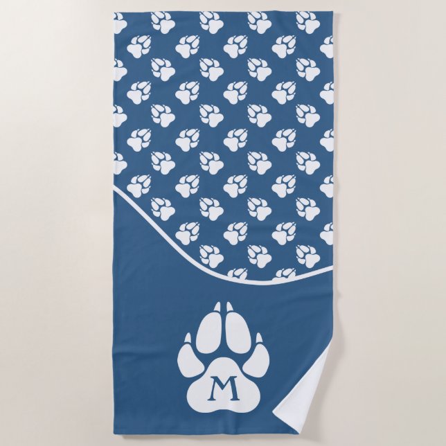 Blue & White Dog Paws With Custom Monogram Beach Towel (Front)