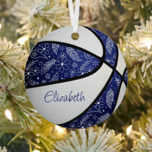 blue white doodle flowers feathers basketball metal tree decoration