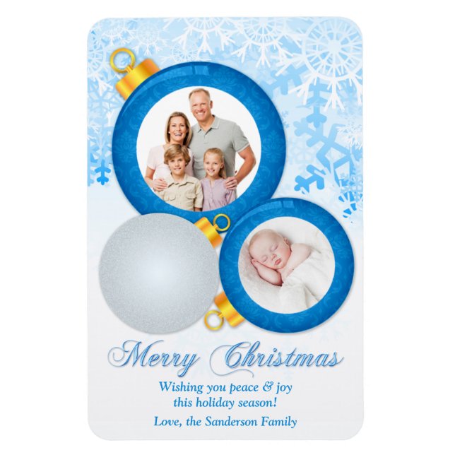 Blue White Double Photo Christmas Ornaments Magnet (Vertical)