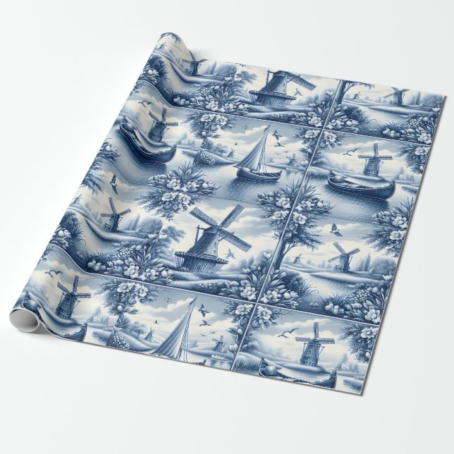 Blue & White Dutch Landscape Pattern • Tile-Inspir Wrapping Paper (Unrolled)