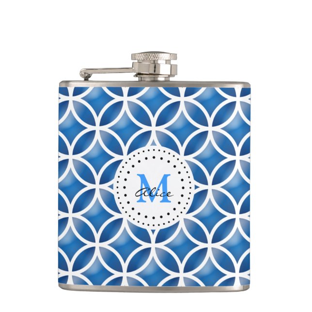 Blue White Elegant Abstract Circles Pattern Hip Flask (Front)
