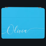 Blue White Elegant Calligraphy Script Name iPad Air Cover<br><div class="desc">Blue White Elegant Calligraphy Script Custom Personalised Add Your Own Name iPad Air Cover features a modern and trendy simple and stylish design with your personalised name or initials in elegant hand written calligraphy script typography on a metallic blue background. Perfect gift for birthday, Christmas, Mother's Day and stylish enough...</div>
