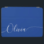 Blue White Elegant Calligraphy Script Name iPad Air Cover<br><div class="desc">Blue White Elegant Calligraphy Script Custom Personalised Add Your Own Name iPad Air Cover features a modern and trendy simple and stylish design with your personalised name or initials in elegant hand written calligraphy script typography on a blue background. Perfect gift for birthday, Christmas, Mother's Day and stylish enough for...</div>