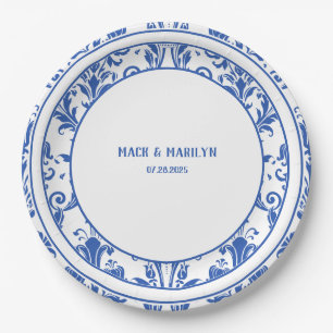 Blue & White Elegant Floral Damask Wedding Dinner Paper Plate