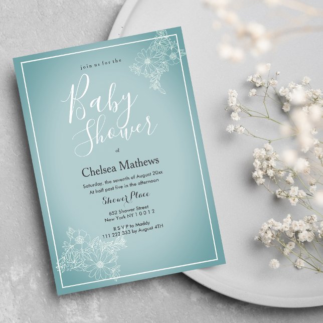 Blue white elegant floral gradient Baby Shower  In Invitation (Blue white elegant floral gradient Baby Shower)