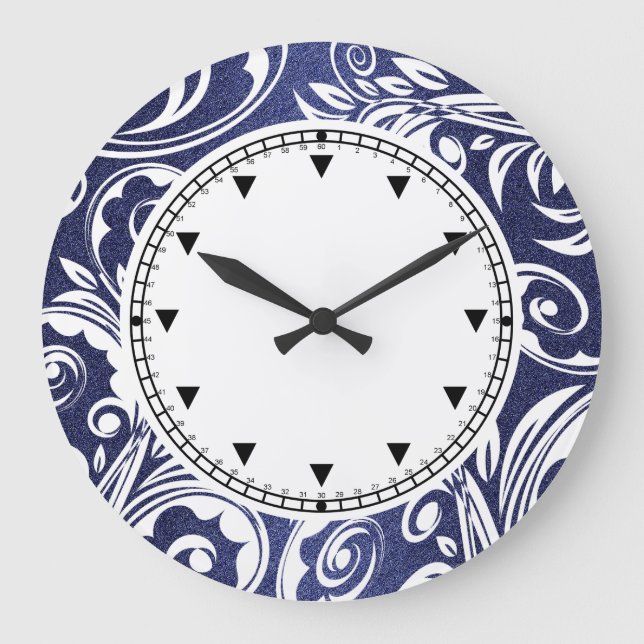 Blue white elegant florals large clock (Front)