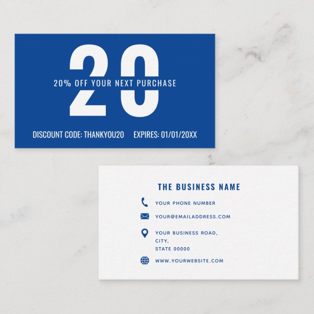 Blue White Elegant Monogram Professional Business Discount Card (Front/Back)