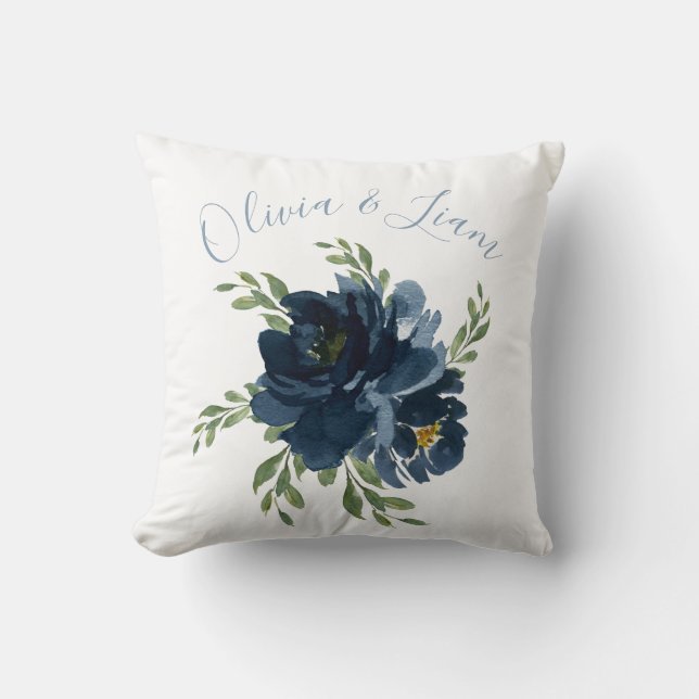 Blue & White Elegant Names Watercolor Wedding Cushion (Front)