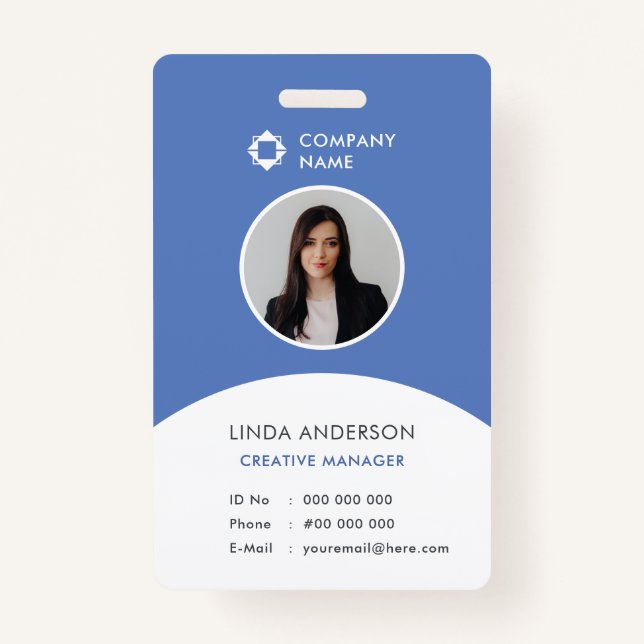 Blue White Employee Photo ID Company Logo Modern ID Badge (Front)