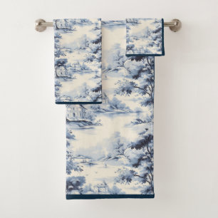 Blue & White English Toile Bath Towel Set
