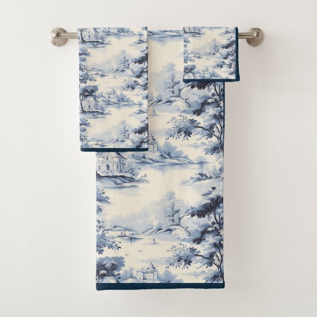 Blue & White English Toile Bath Towel Set (Insitu)
