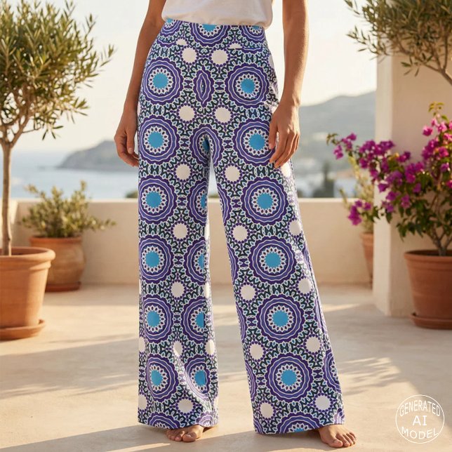 Blue White Ethnic Bohemian Mosaic Mandala Pattern Fabric (Creator Uploaded)