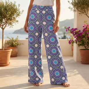 Blue White Ethnic Bohemian Mosaic Mandala Pattern Fabric