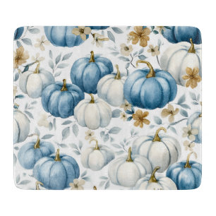BLUE & WHITE FALL PUMPKINS & GOLD FLOWERS CUTTING BOARD