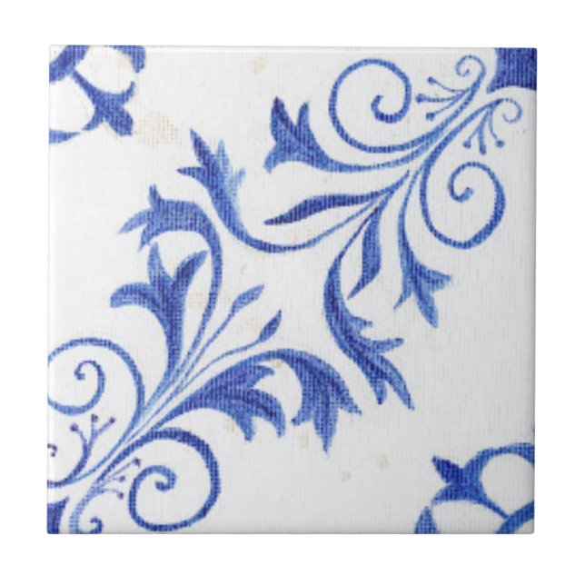 Blue White Farmhouse Rustic Scroll n Leaf Pattern  Tile (Front)