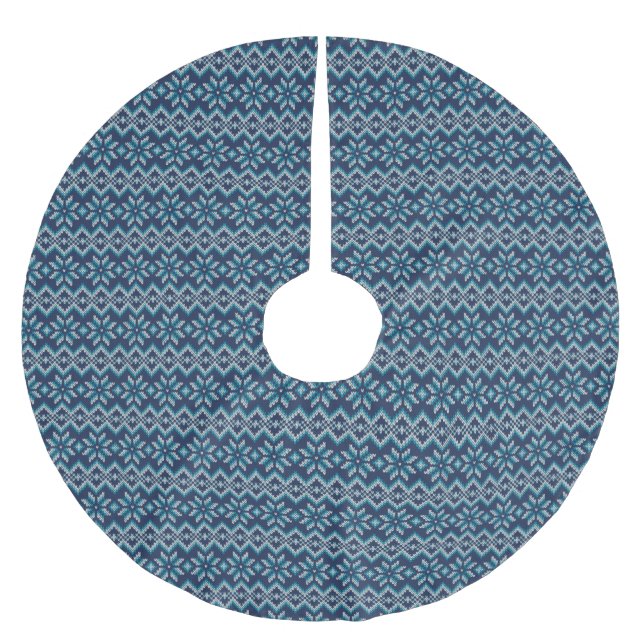 Blue & White Faux Knit Sweater Snowflakes Pattern  Brushed Polyester Tree Skirt (Front)