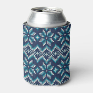 Blue & White Faux Knit Sweater Snowflakes Pattern Can Cooler