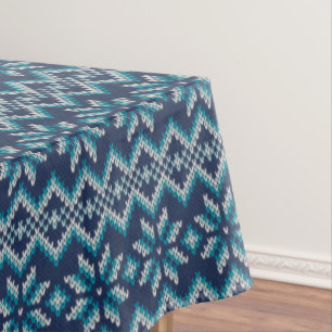 Blue & White Faux Knit Sweater Snowflakes Pattern Tablecloth