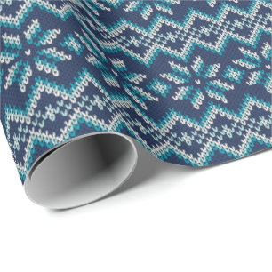 Blue & White Faux Knit Sweater Snowflakes Pattern  Wrapping Paper