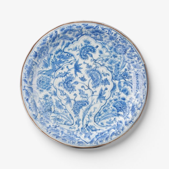 Blue white faux porcelain flow floral willow  paper plate (Front)