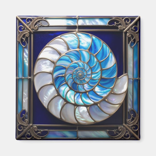 Blue/White Faux Stained-Glass Nautilus Shell 2 Magnet (Front)