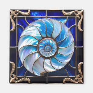 Blue/White Faux Stained-Glass Nautilus Shell 3 Magnet