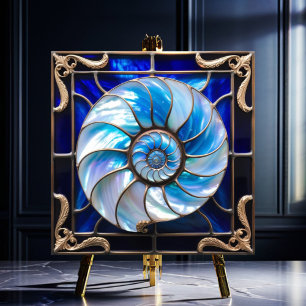 Blue/White Faux Stained-Glass Nautilus Shell 3 Tile