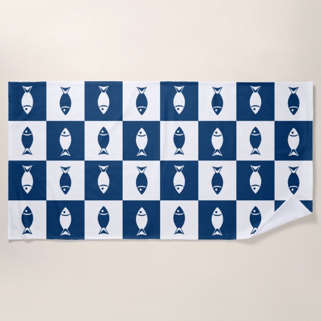 Blue & White Fish Collage Beach Towel (Front)