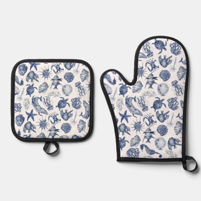 Blue & White Fish Mitts Oven Mitt & Pot Holder Set (Front)