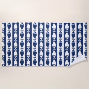 Blue & White Fish Stripes Beach Towel