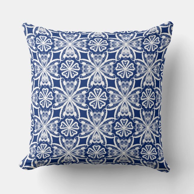 Blue white fishnet retro lace  cushion (Front)